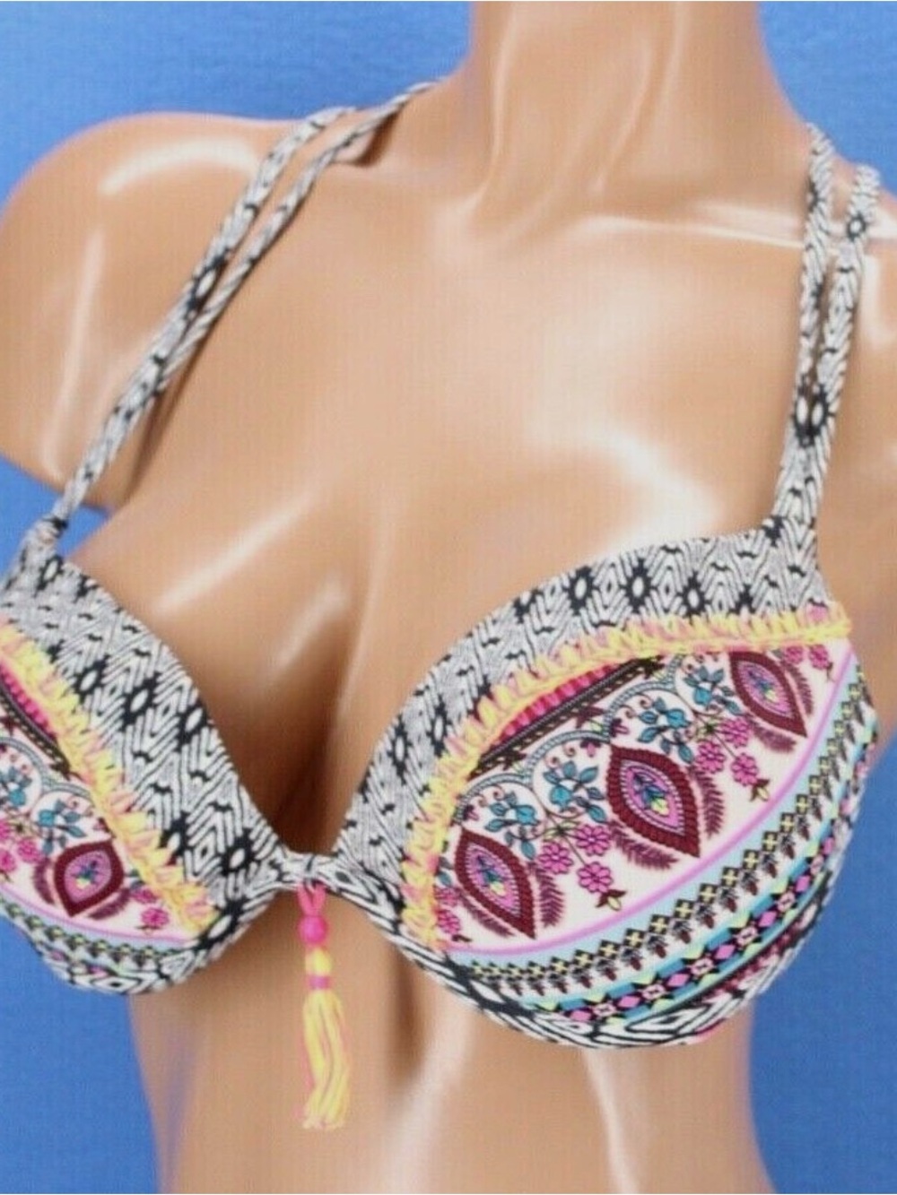 Source Unknown Multicolor Embroidered Halter Bikini Top with Tassel
